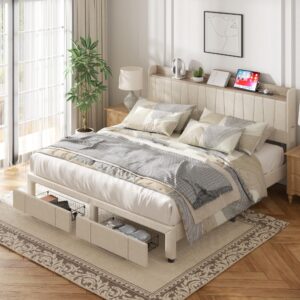 sismplly king size bed frame, upholstered platform bed with storage drawers headboard and charging station, wooden slats support, no box spring needed, easy assembly, beige