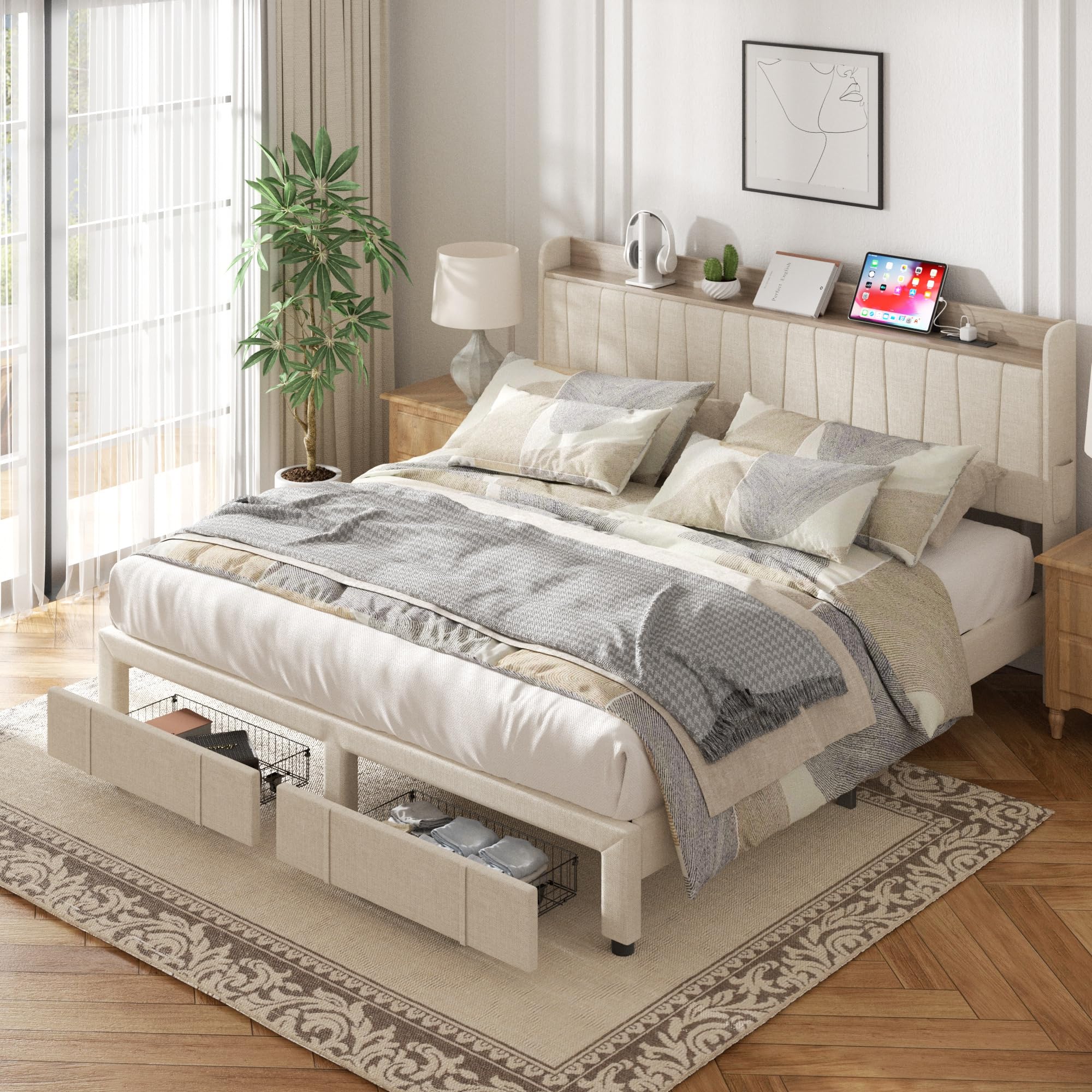 Sismplly King Size Bed Frame, Upholstered Platform Bed with Storage Drawers Headboard and Charging Station, Wooden Slats Support, No Box Spring Needed, Easy Assembly, Beige