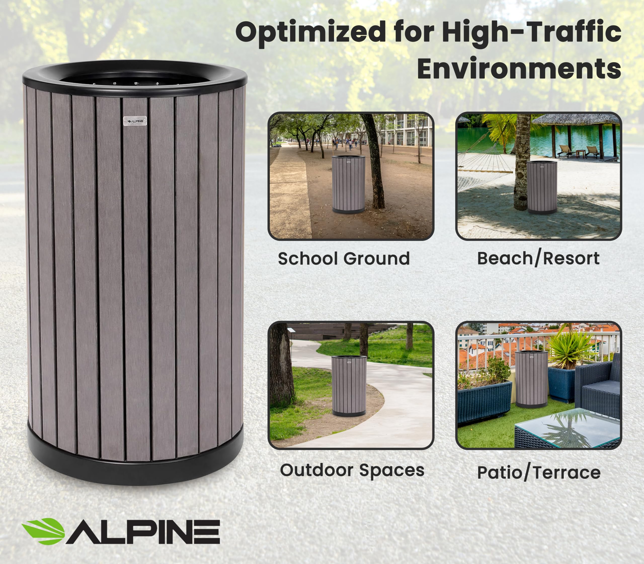 Alpine 32 Gallon Commercial Outdoor Trash Can - Heavy Duty Garbage Can Outdoor, Industrial Open Top Trash Can with Plastic Panels for Patio, Parks, Trails, Resorts (Flat Lid - Grey)