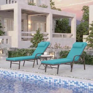 kurapika patio chaise lounge set 3 pieces outdoor lounge chair, rattan reclining chair adjustable backrest, pool sunbathing recliners with folding table for poolside beach, blue