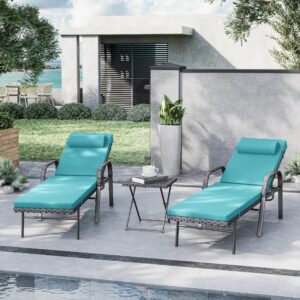 Kurapika Patio Chaise Lounge Set 3 Pieces Outdoor Lounge Chair, Rattan Reclining Chair Adjustable Backrest, Pool Sunbathing Recliners with Folding Table for Poolside Beach, Blue