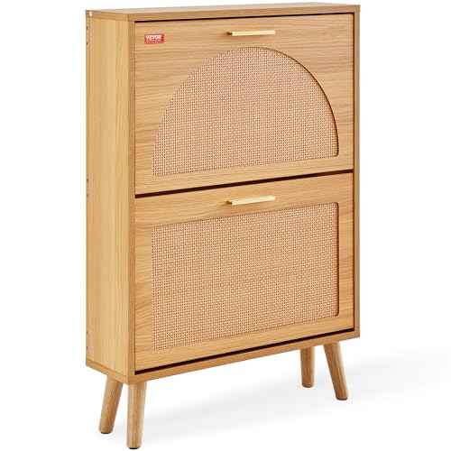 VEVOR Shoe Cabinet with 2 Flip Drawers, Shoe Storage Cabinet for Entryway, Free Standing Shoe Storage Organizer with Rattan Doors for Heels, Boots, Slippers in Hallway, Living Room