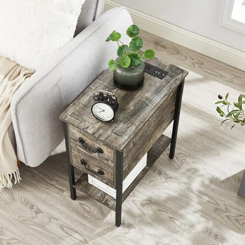 VECELO End Tables,Narrow Nightstands with Charging Station & USB Ports &Drawers,Night Stand for Living Room, Bedroom