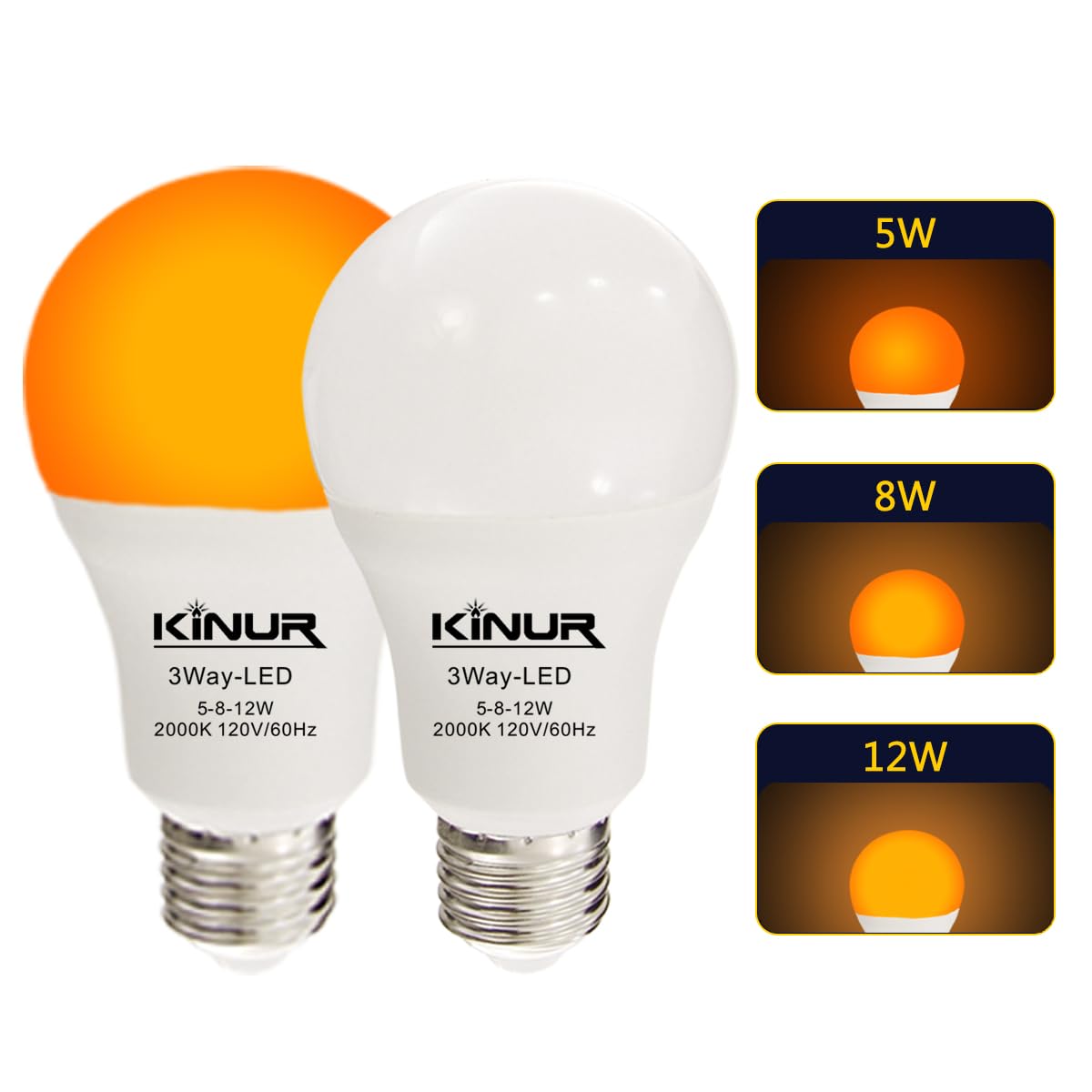 KINUR 3 Way Light Bulbs 30 70 100 Equivalent 2000K A19 Amber Light Bulbs E26 Base Indoor 3-Way Light Bulbs 400lm-600lm-1000lm for for Baby Nursery Sleeping Bedtime Reading Bedroom 2 Pack