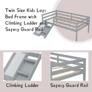 Low Loft Bed with Slide, Twin Size Kids Loft Bed Frame with Climbing Ladder and Safety Guard Rail, Wood Junior Loft Bed for Girls, Boys, Kids, Matte Gray.