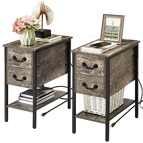 VECELO End Tables,Narrow Nightstands with Charging Station & USB Ports &Drawers,Night Stand for Living Room, Bedroom