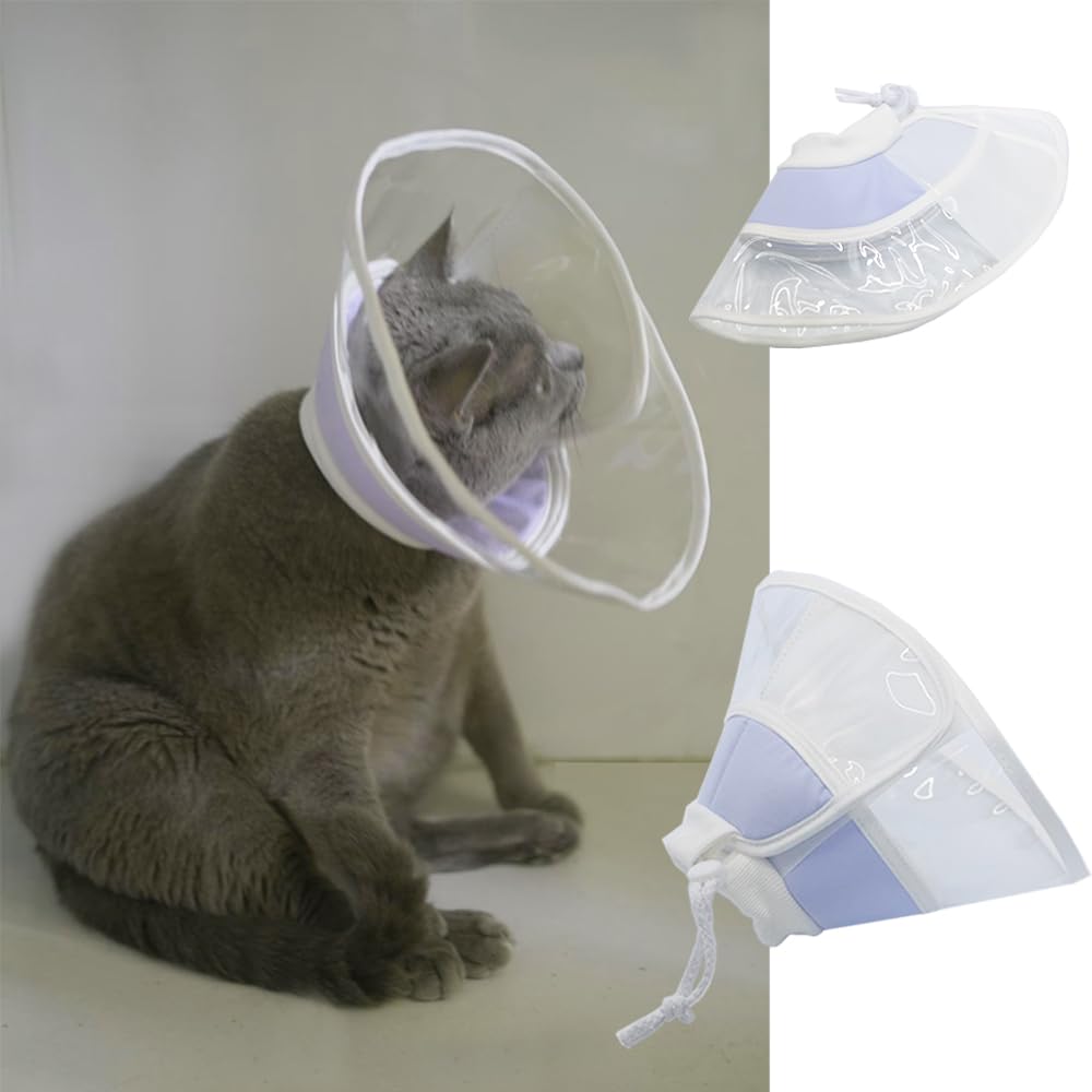 Soft Drawstring Cat Recovery Cone - Transparent, Noiseless Fasteners - Double Anti-Slip - Adjustable Magic Tape & Neck Cone Ideal for Kittens - Comfortable Wound Recovery Cone (Blue, M(Neck:8½"-10¾"))