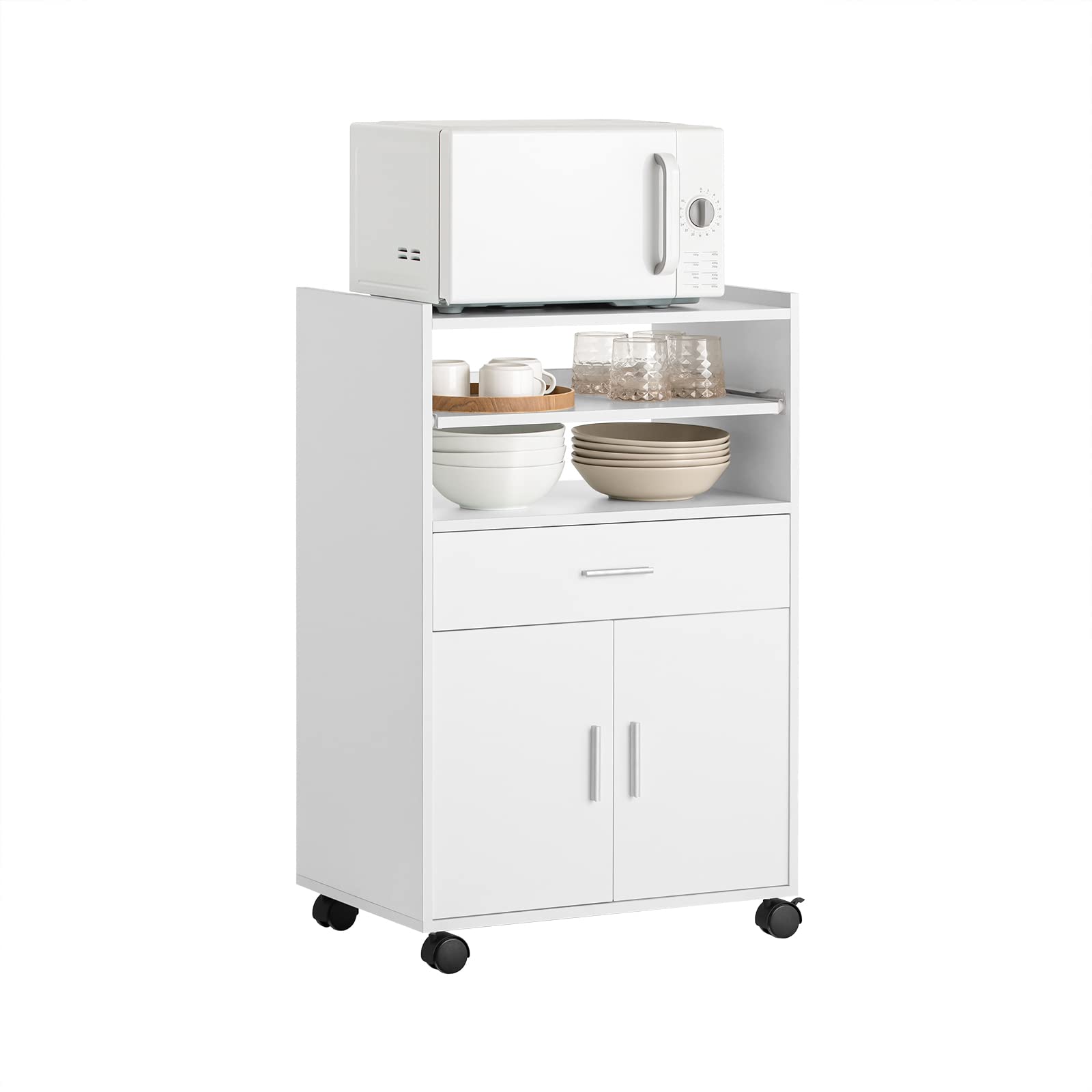 SoBuy Kitchen Cart Breakfast Bar, Rolling Kitchen Island Side Table, Microwave Oven Rack Stand Removable Storage Cabinet on Wheels, White FSB09-W