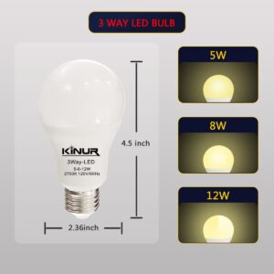 KINUR 3 Way led Bulbs 30 70 100 Soft White Equivalent 2700K A19 Light Bulbs E26 Base Indoor 3-Way Light Bulbs 500lm-800lm-1200lm for Reading 2 Pack