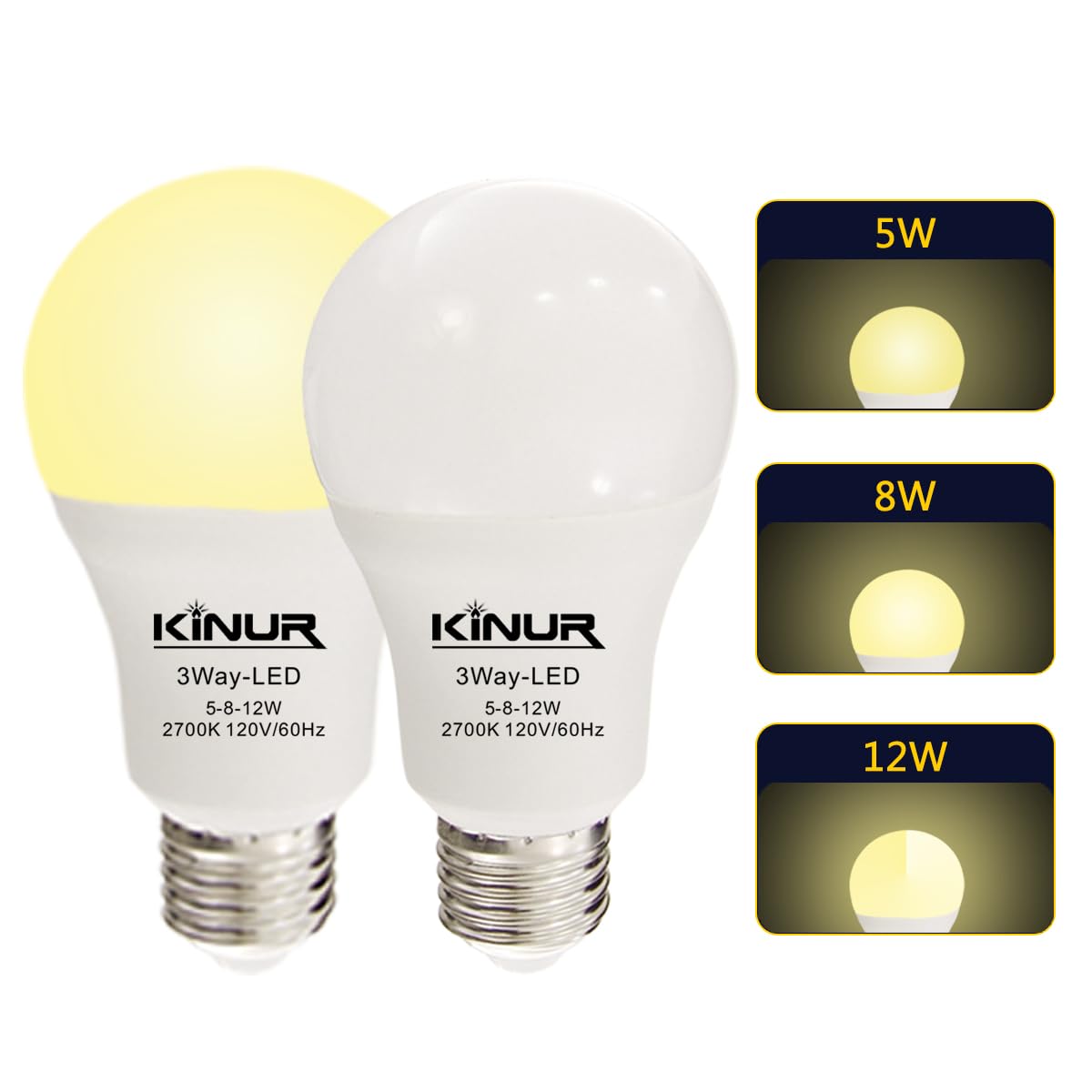 KINUR 3 Way led Bulbs 30 70 100 Soft White Equivalent 2700K A19 Light Bulbs E26 Base Indoor 3-Way Light Bulbs 500lm-800lm-1200lm for Reading 2 Pack