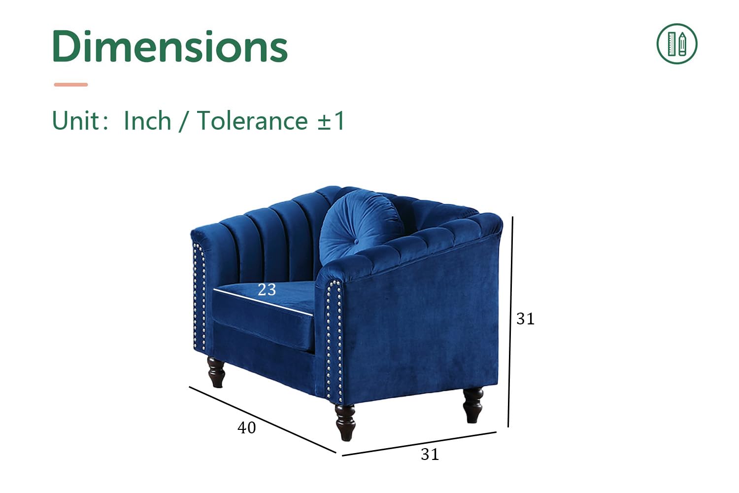 SIENWIEY Chesterfield Chair Couch, 40 Inch Luxurious Velvet Single Chair Chesterfield Settee Sofa Upholstered Rolled Arm with Rivets/Button Tufted Pillow, Modern Sofa for Living Room，Blue