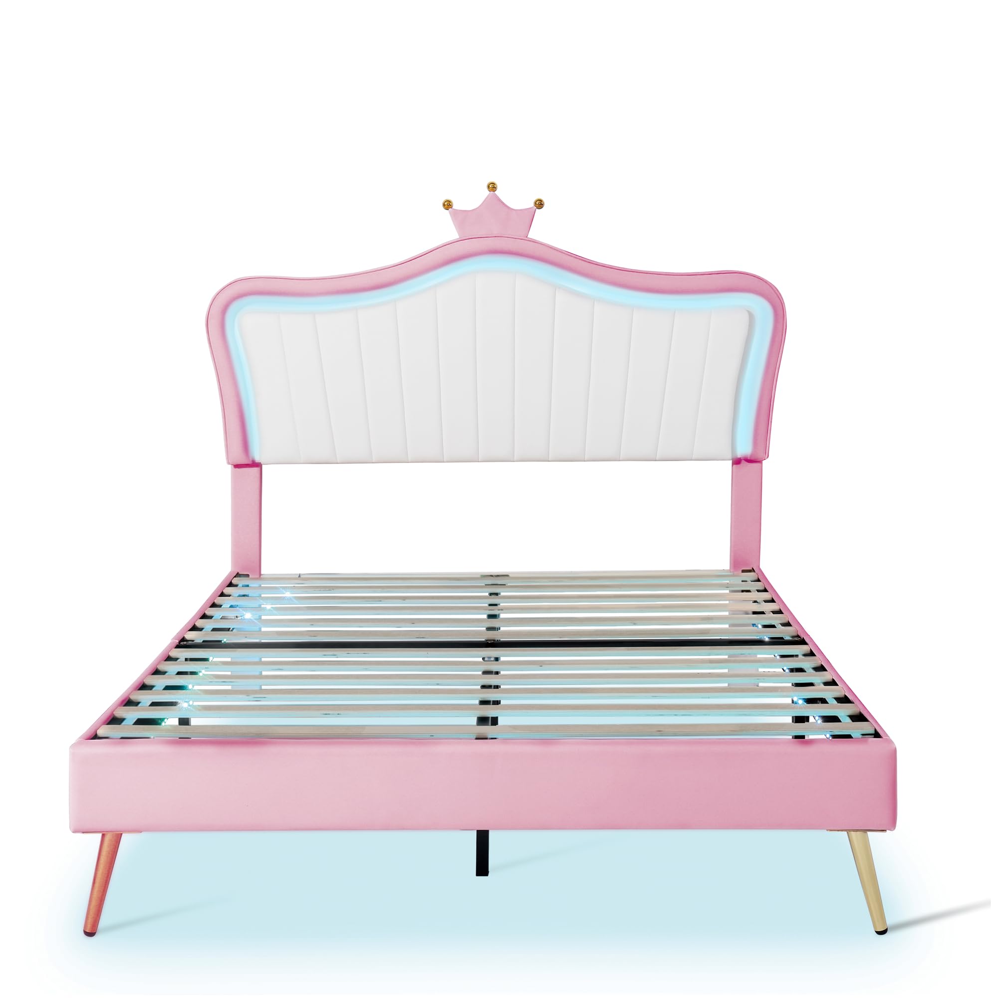 KTATK Queen Size Upholstered Bed Frame with Crown Headboard and LED Lights,Bedroom Wooden Princess Bed w/Metal Feets,Velcro Slats Support Design,for Girls,White+Pink