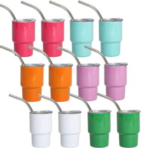 zonpexe 12 pcs mini tumbler shot glass with straw and lid, 2oz cute insulated shot cups stainless steel for espresso coffee spirits, wedding, party favor, funny gifts (6 colors)