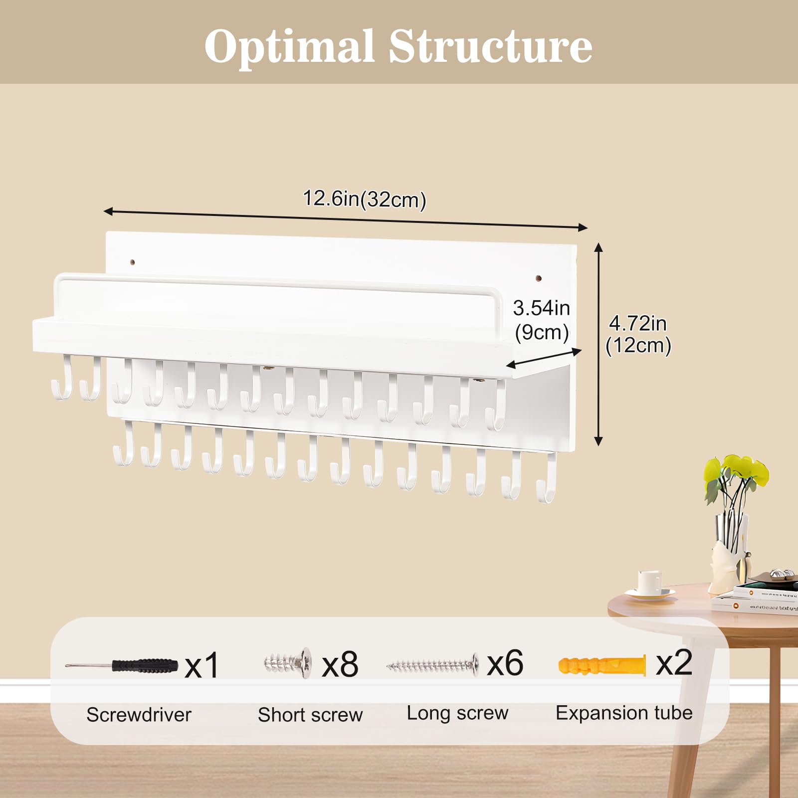 Lolalet Necklace Holder Hanging Necklace Organizer Wall Mounted Jewelry Organizer with 30 Hooks and Perfume Shelf, Wood Necklace Hanger Rack for Bracelets -White