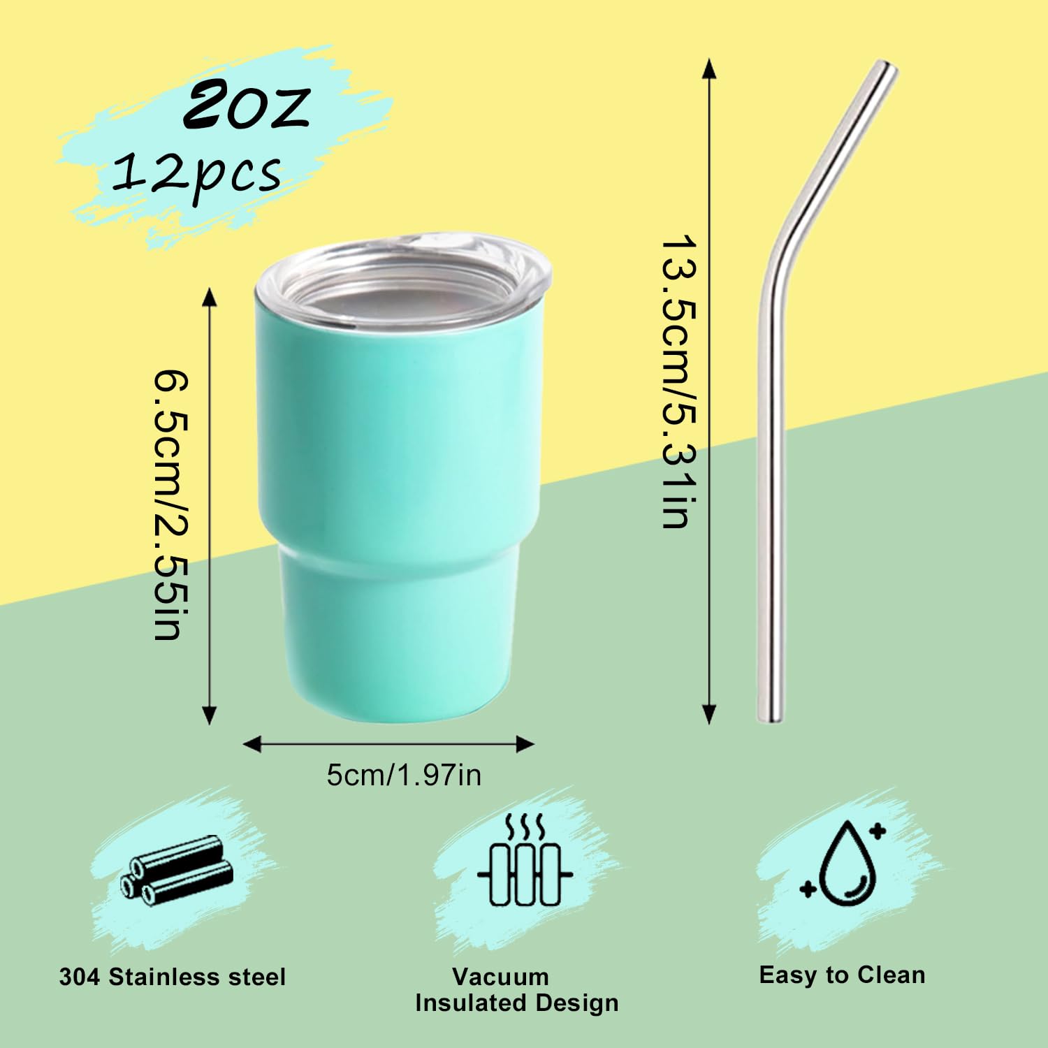 Zonpexe 12 Pcs Mini Tumbler Shot Glass with Straw and Lid, 2oz Cute Insulated Shot Cups Stainless Steel for Espresso Coffee Spirits, Wedding, Party Favor, Funny Gifts (6 colors)