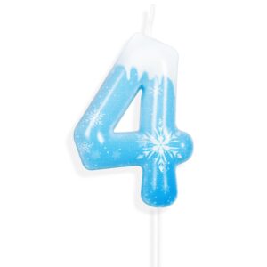 hongplus white frozen snow themed birthday candles, snowflake number 4th birthday candle for party supplies, snow winter frozen birthday party decorations, number 4 cake toppers decorations