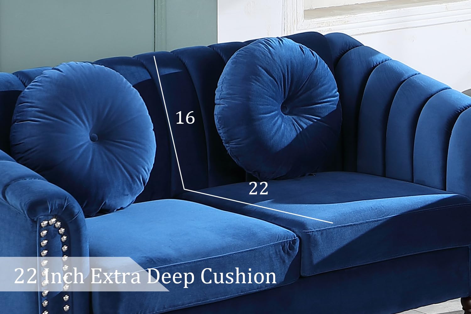 SIENWIEY Chesterfield Chair Couch, 40 Inch Luxurious Velvet Single Chair Chesterfield Settee Sofa Upholstered Rolled Arm with Rivets/Button Tufted Pillow, Modern Sofa for Living Room，Blue