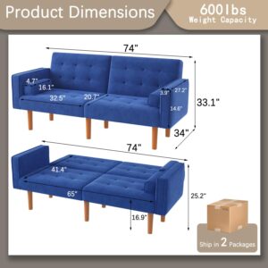 Furmax Convertible Futon Sofa Bed Fabric Modern Folding Couch, Upholstered Couch Recliner with 2 Pillows and Armrests for Living Room Lounge, Sturdy Wood Legs Fabric Home Recliner Sofa. (Blue)