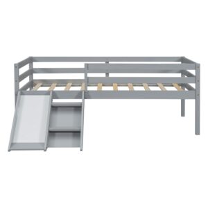 Low Loft Bed with Slide, Twin Size Kids Loft Bed Frame with Climbing Ladder and Safety Guard Rail, Wood Junior Loft Bed for Girls, Boys, Kids, Matte Gray.