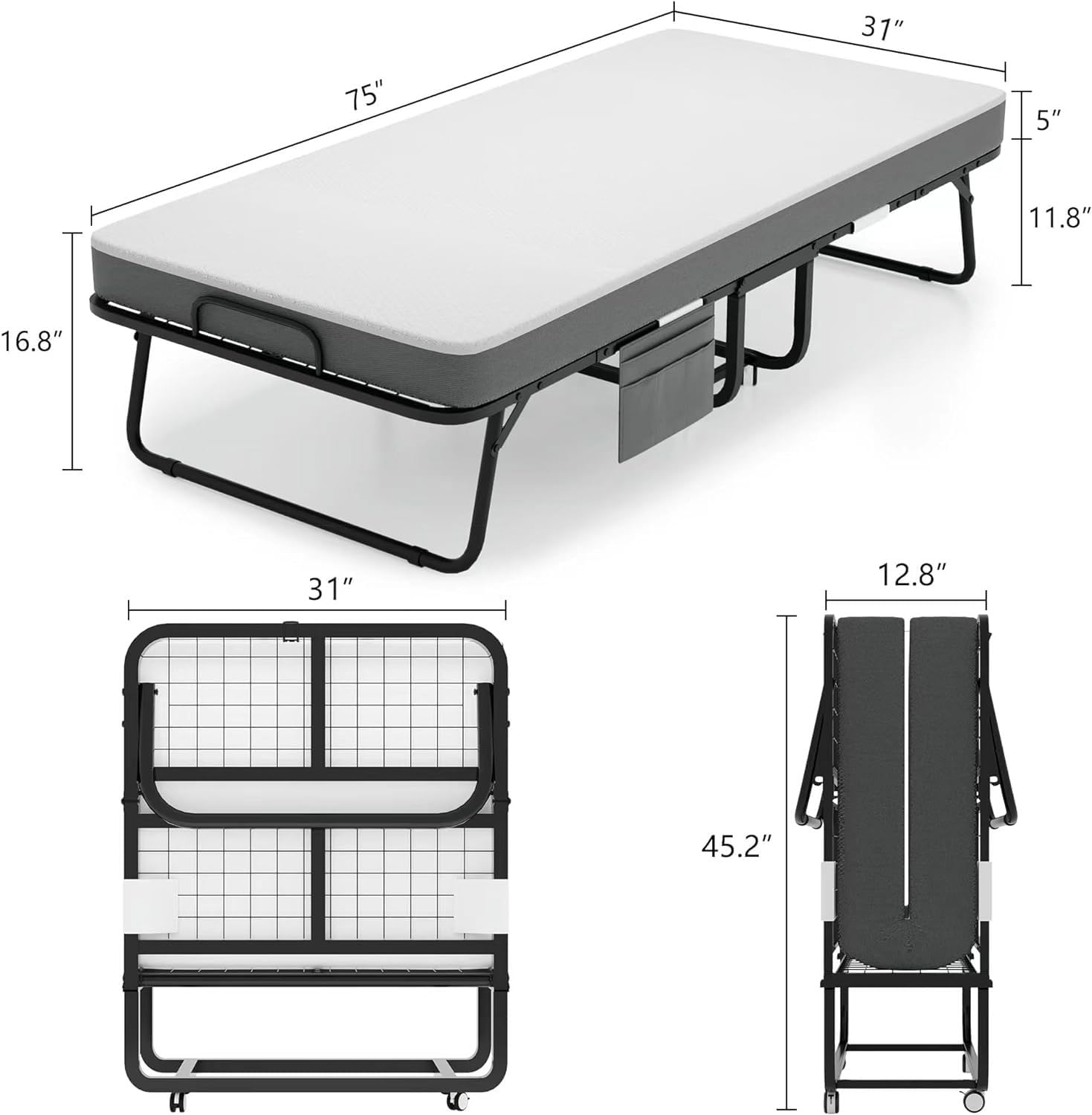 Folding Bed with Mattress - Portable Foldable Roll Away Adults Bed for Guest, 5-Inch Thick Luxurious Memory Foam, Space Saving Fold Up Bed with Dust Proof Cover & Wheels for Easy Storage,75" Dx 31" W