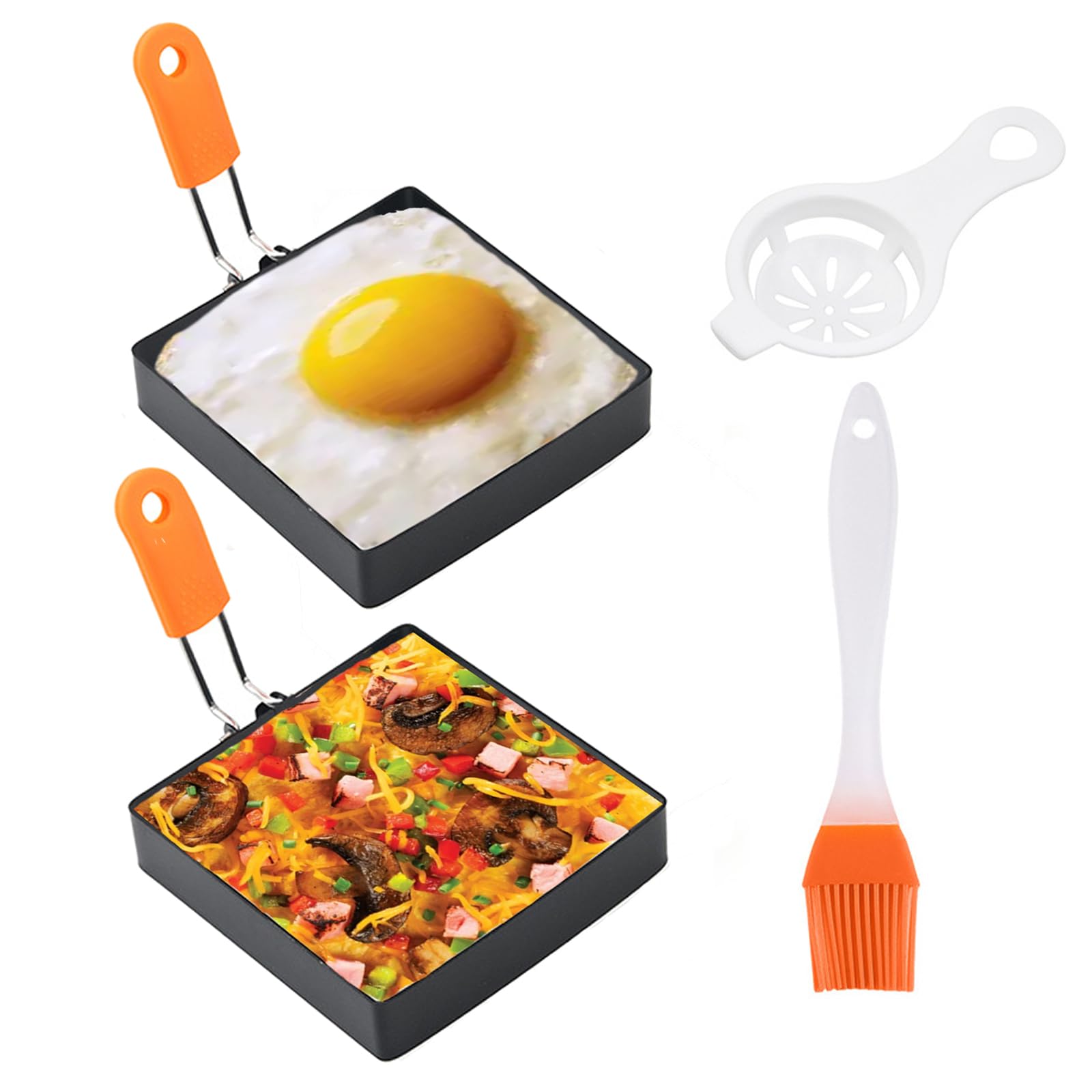 4 Inch Suqare Egg Rings for Frying Eggs,2 Packs 4" Square Egg Rings for Griddle, Stainless Steel Griddle Omelete Rings for Fried Eggs Muffin Tortillas Pancake Ring Crepes Ring with Silicone Handle