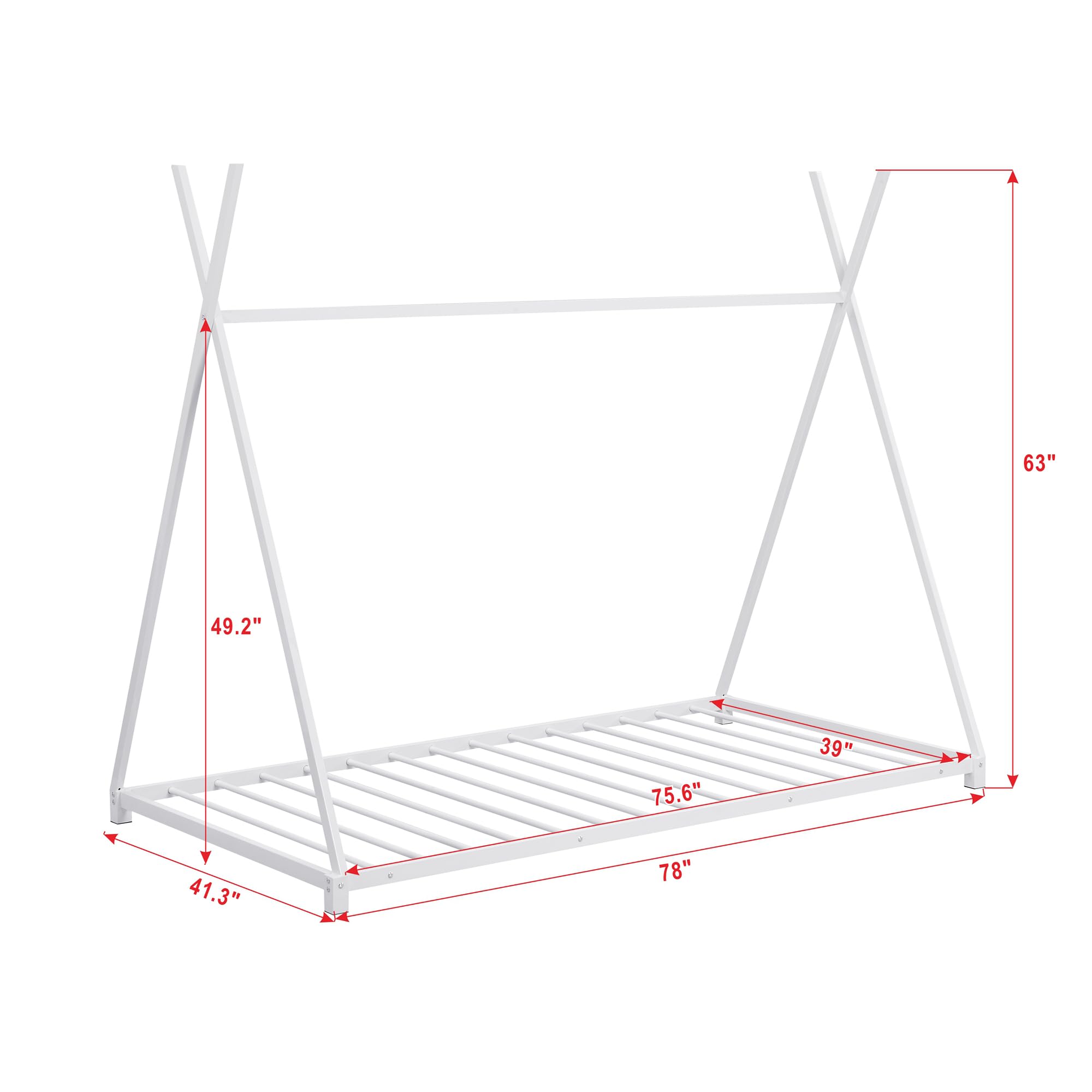 Twin Floor Bed with Slats and Triangle Structure, Montessori Floor Bed Frame Twin Size, Twin Size House Floor Bed/Montessori Bed for Kids, Girls, Boys, White