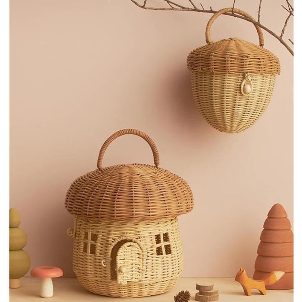 QRZLP Woven Storage Bin, Acorn Shaped Storage Basket, Scandinavian Style Rattan Storage Basket with Carrying Handle for Magazines, Toys, Snacks and Cosmetics.