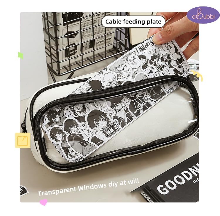 Abubbi ITA Pencil Pouch Large Capacity Pen Case with Transparent Window Black and White (Black and White)