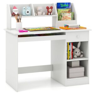 giantex kids study desk, children wooden writing table with hutch, bookshelf, drawer, keyboard tray, storage shelves, white student computer desk workstation for home school use, gift for boys girls