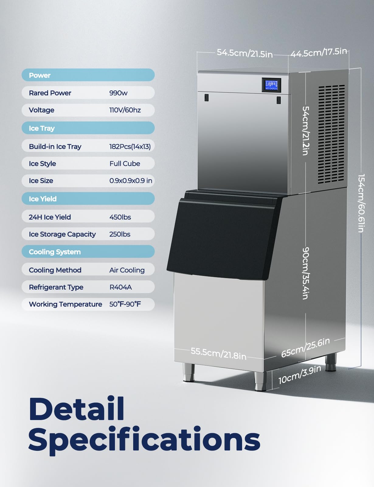 22" Commercial Ice Maker Machine 450LBS/24H with 250LBS Storage Bin, Powerfull Compressor, 182 Full Cube Ice Ready in 8-15 min, Air Cooled, Industrial Ice Machine for Business