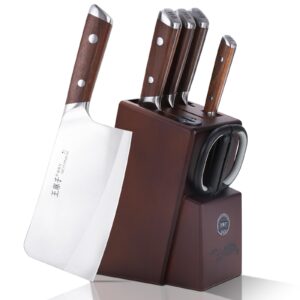 kitchen knife block set, chinese high carbon stainless steel kitchen knife set with block original wooden and shears, built-in sharpener, 7 pieces