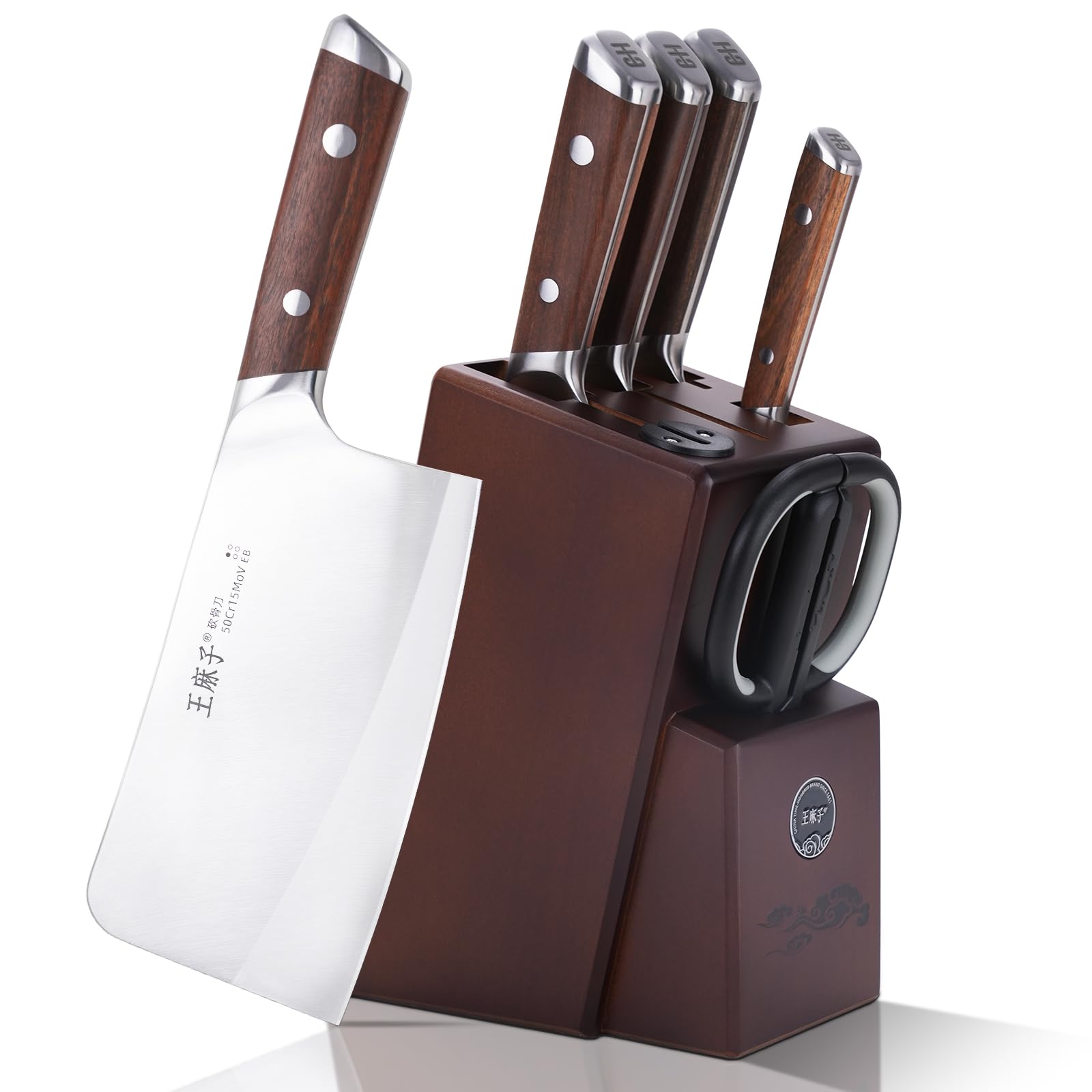 Kitchen Knife Block Set, Chinese High Carbon Stainless Steel Kitchen Knife Set with Block Original Wooden and Shears, Built-in Sharpener, 7 Pieces