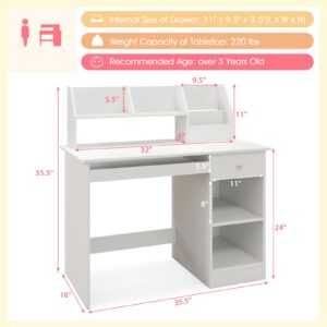 Giantex Kids Study Desk, Children Wooden Writing Table with Hutch, Bookshelf, Drawer, Keyboard Tray, Storage Shelves, White Student Computer Desk Workstation for Home School Use, Gift for Boys Girls