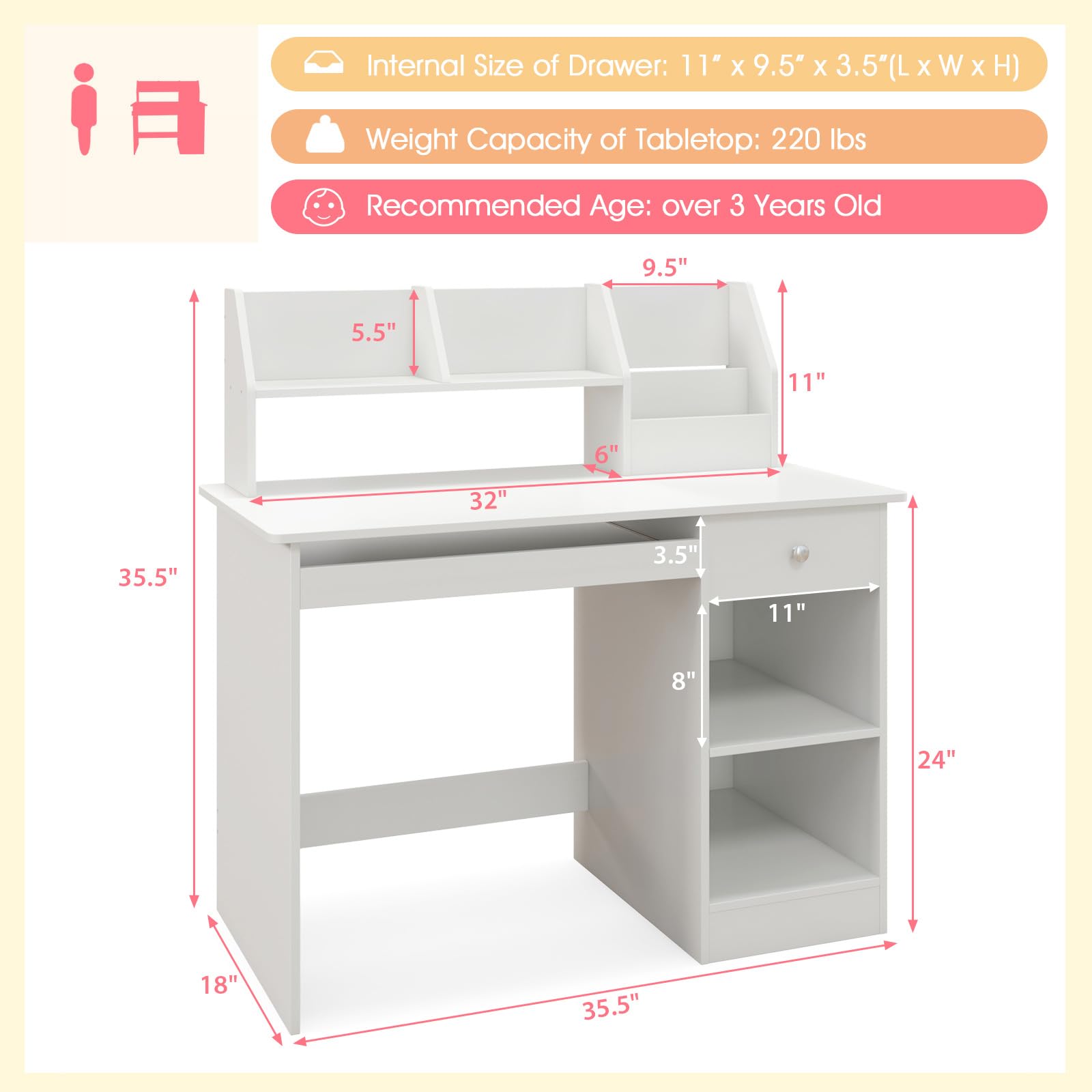 Giantex Kids Study Desk, Children Wooden Writing Table with Hutch, Bookshelf, Drawer, Keyboard Tray, Storage Shelves, White Student Computer Desk Workstation for Home School Use, Gift for Boys Girls