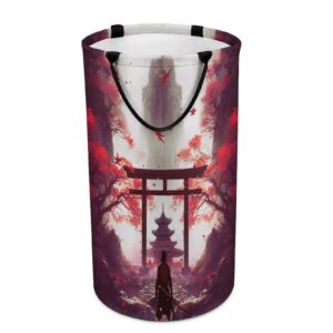 fantasy burgundy nature landscape laundry hamper dirty clothes,watercolor cool japanese torii samurai cabin autumn falling leaves large laundry basket storage basket for bathroom 15.7w" x27.2h"