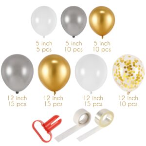 80Pcs Gold White Silver Balloons Garland Arch Kit Different Sizes, Latex Balloons Set for Wedding Birthday Graduation Baby Shower Bachelorette Engagement Anniversary Party Decorations