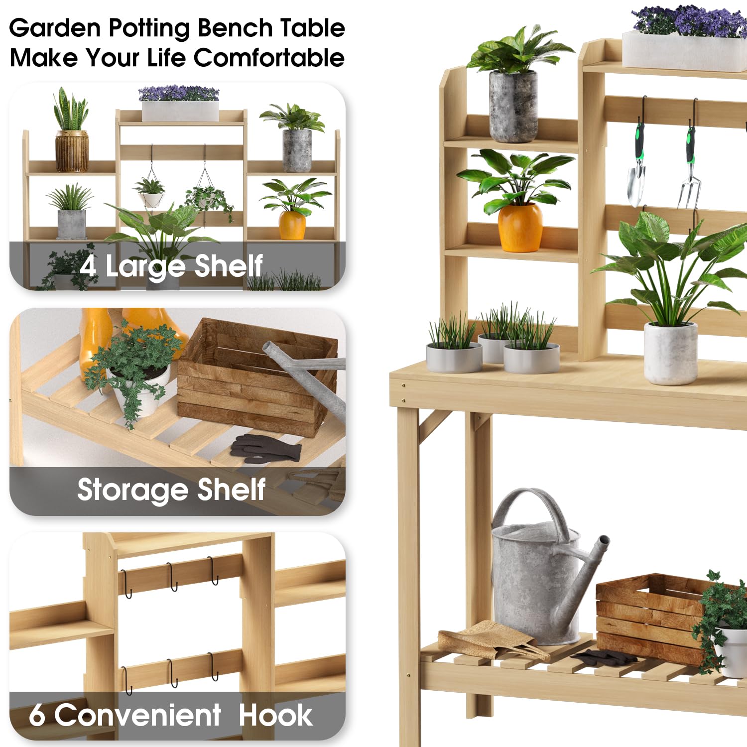 Highpro Outdoors Potting Benches Table, Garden Work Table Outside, Wooden Workstation Table with Storage Shelf