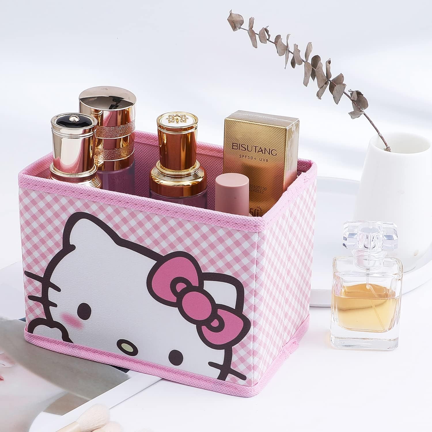 CNEISEJK Kawaii Kitty Collapsible Storage Box Kitty Cat Cosmetics Box Foldable Baskets Office Desk Room Decoration Makeup Holder for Women Girls (SNX-Ki 2403)