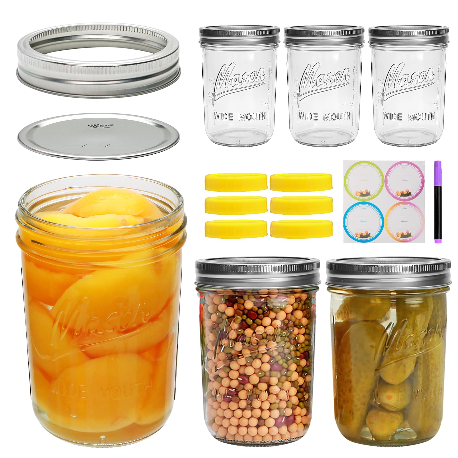 Accguan Mason Jar Set of 6,16oz Airtight Glass Jars wit Lids, Includes Purple Pen and Stickers for Cereal, Oatmeal, Fruit, Milk, Storage,Canning, Pickling, Jamming (6 Pack)