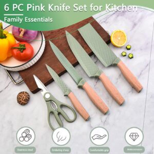 Knife Set, 6 Pieces Professional Kitchen Knife Set with Universal Knife Block, Super Sharp Knife Set with Ergonomic Handle Non-stick Stainless Steel Knife Block Set (Green)