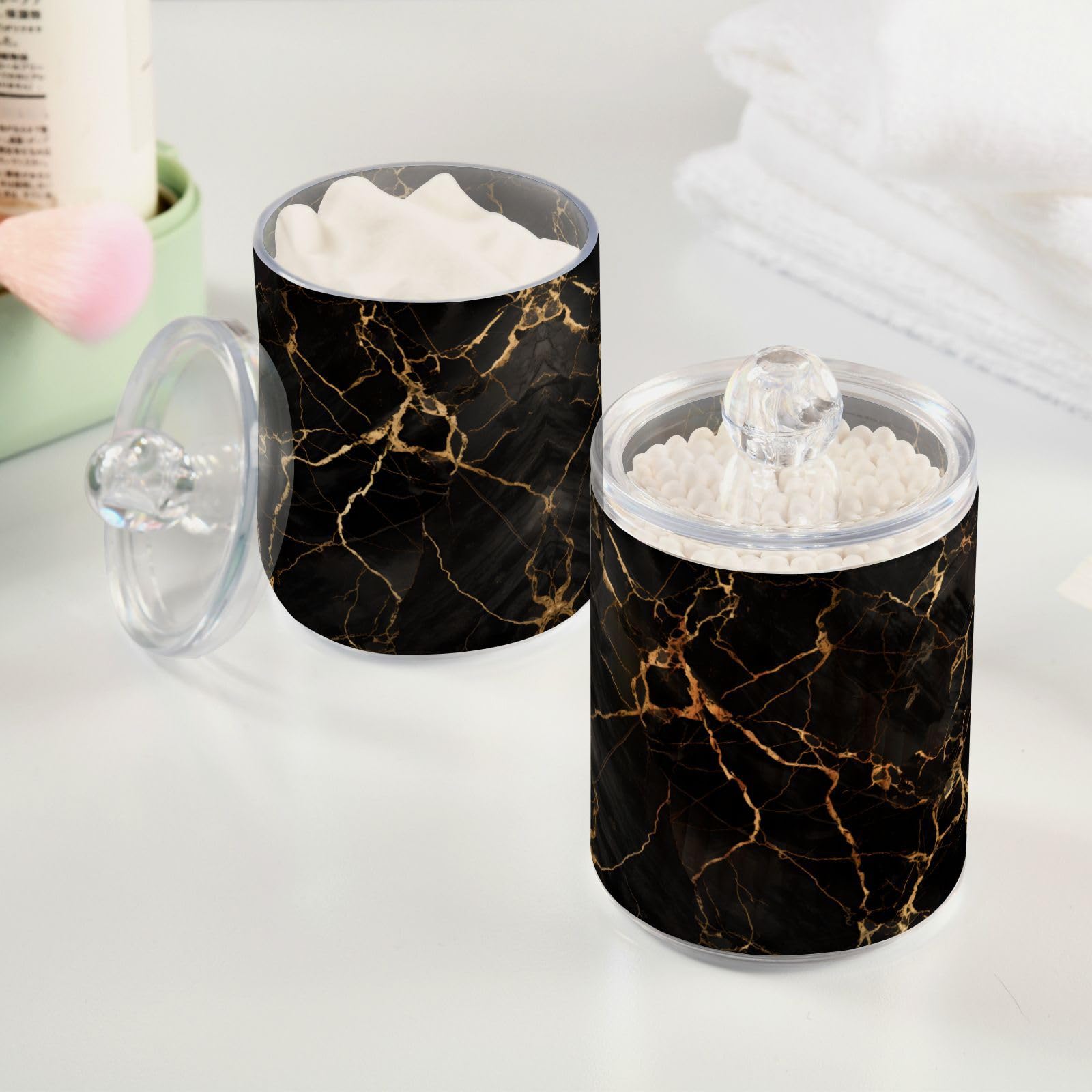 2 Pack Qtip Holder Organizer Dispenser Marble Black Bathroom Storage Canister Cotton Ball Holder Bathroom Containers for Cotton Swabs/Pads/Floss