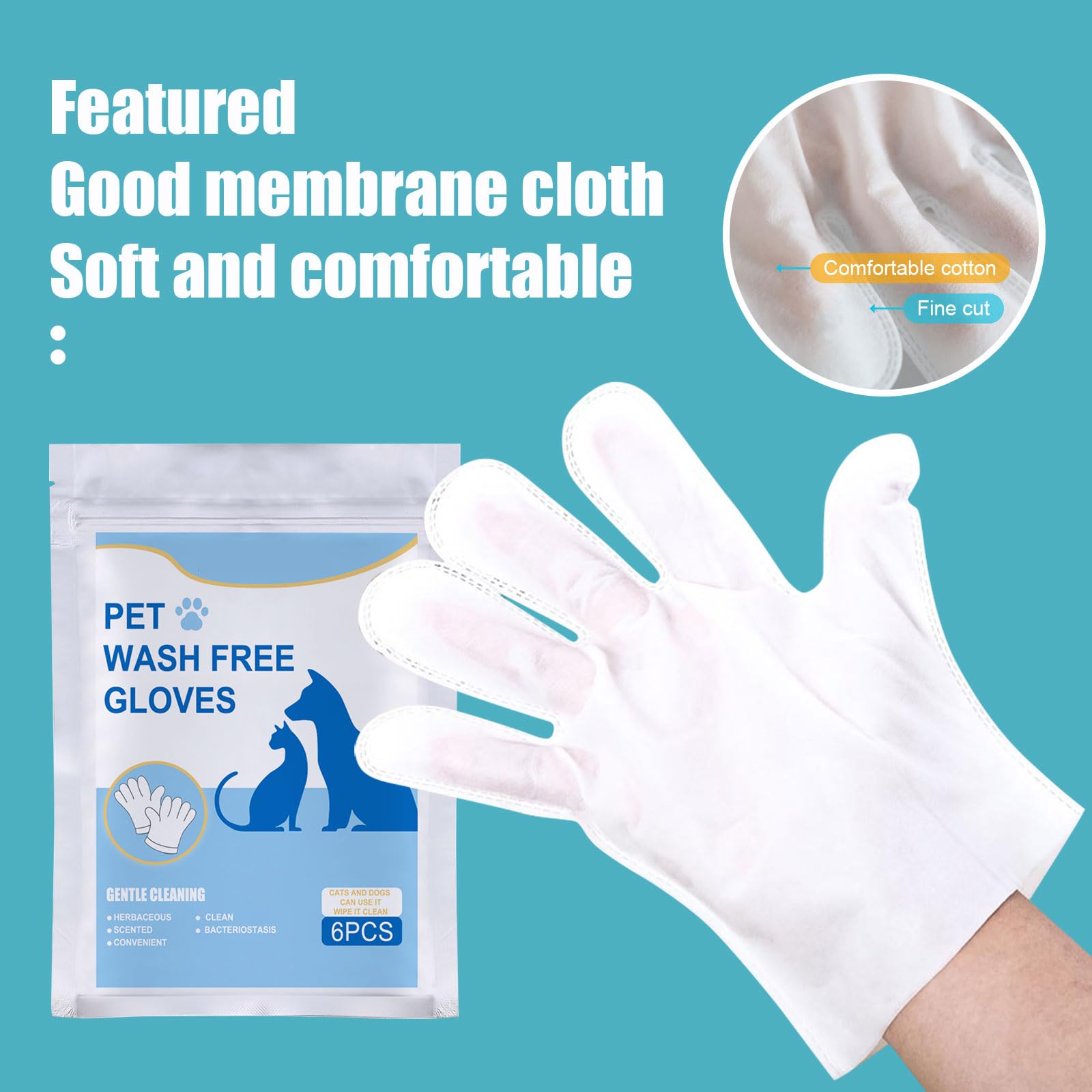 Felico Pet Wash Free Grooming Gloves, 6Pcs Cleaning Cat Dog Wipes for Face, Ear, Eye, Paws Pet Body Rinse Free Gloves, No Rinse Thick Extra Puppy Wipes, Disposable Plant-Based Dog Bath Wipes