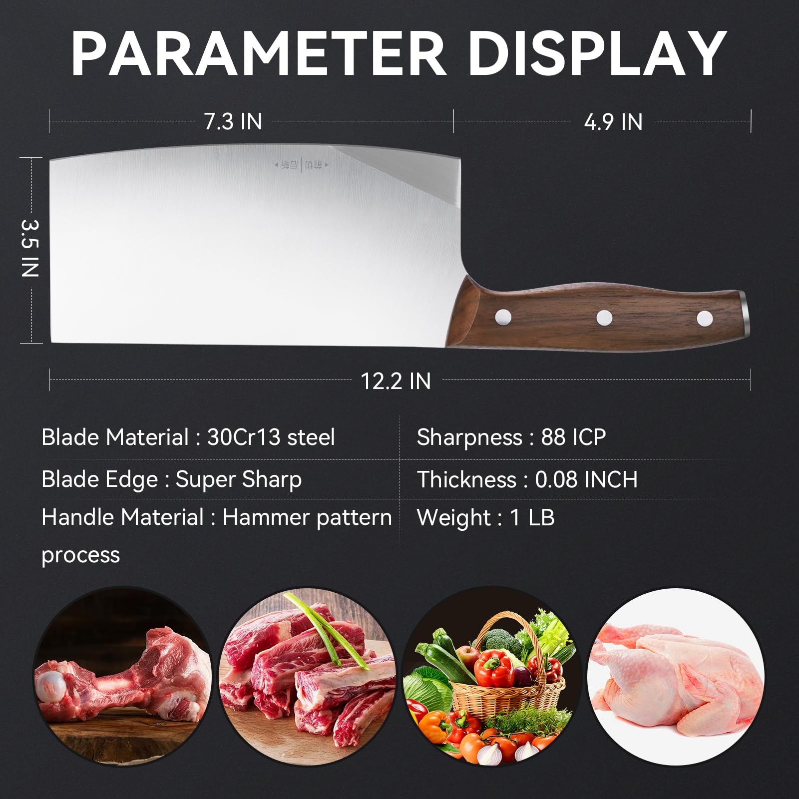 Chinese Meat Cleaver Knife 7.5 Inch, Butcher Knives with Original Wood Handle, Kitchen Gadgets Chopping Knife, Bone Cutting Cleaver Knife for Home and Restaurant