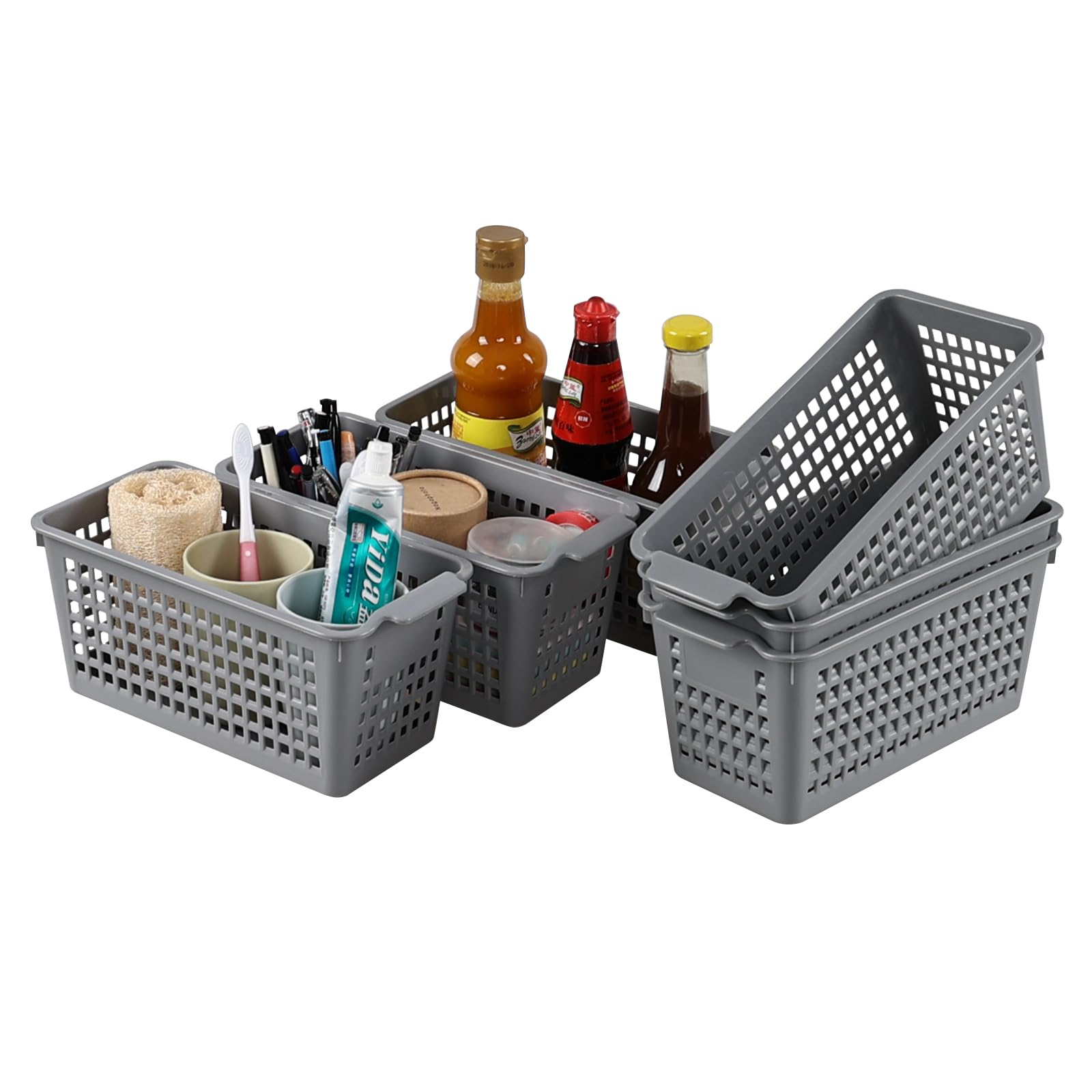 Jnktka 6-Pack Plastic Storage Baskets, Small Pantry Basket Bins Organizer, Grey