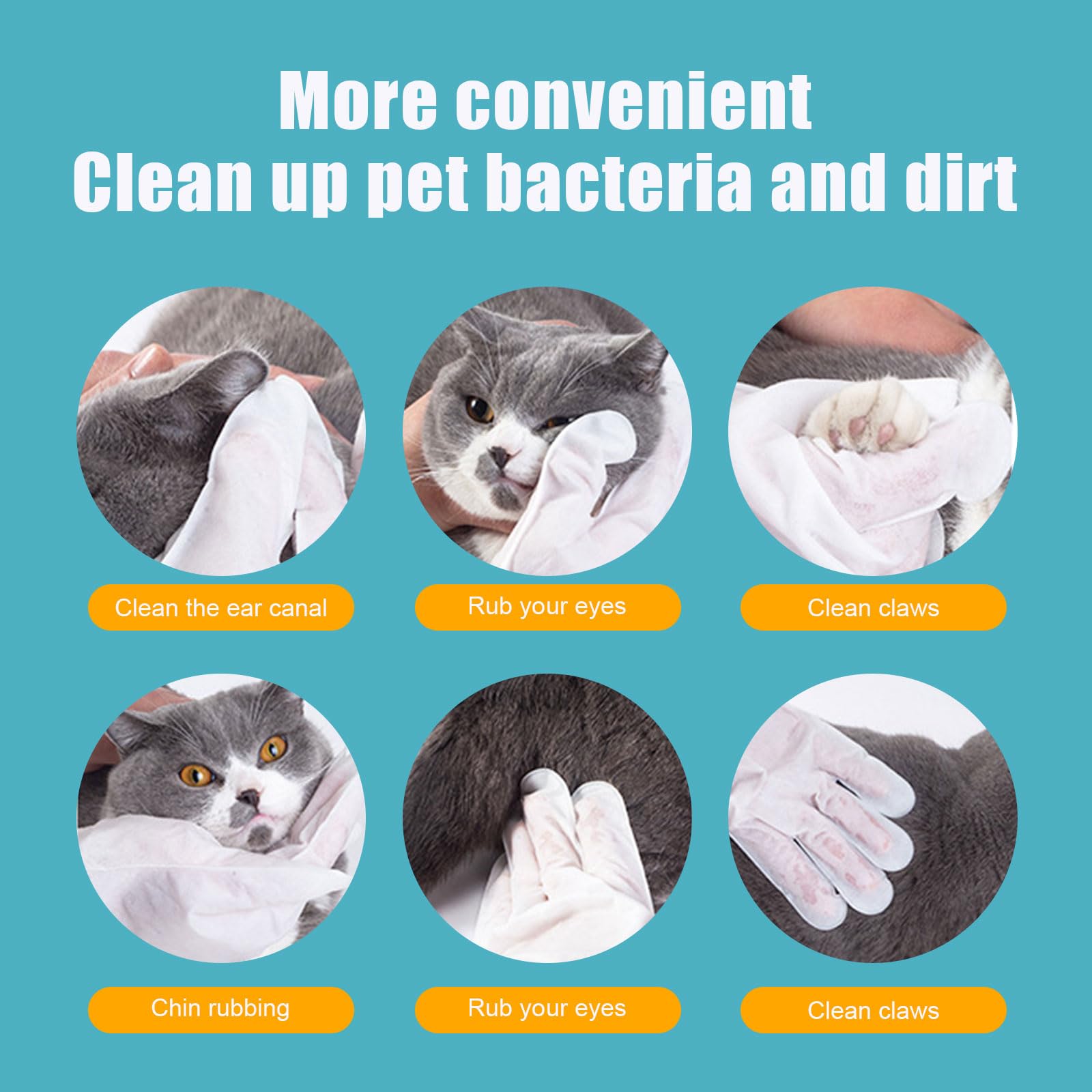 Felico Pet Wash Free Grooming Gloves, 6Pcs Cleaning Cat Dog Wipes for Face, Ear, Eye, Paws Pet Body Rinse Free Gloves, No Rinse Thick Extra Puppy Wipes, Disposable Plant-Based Dog Bath Wipes