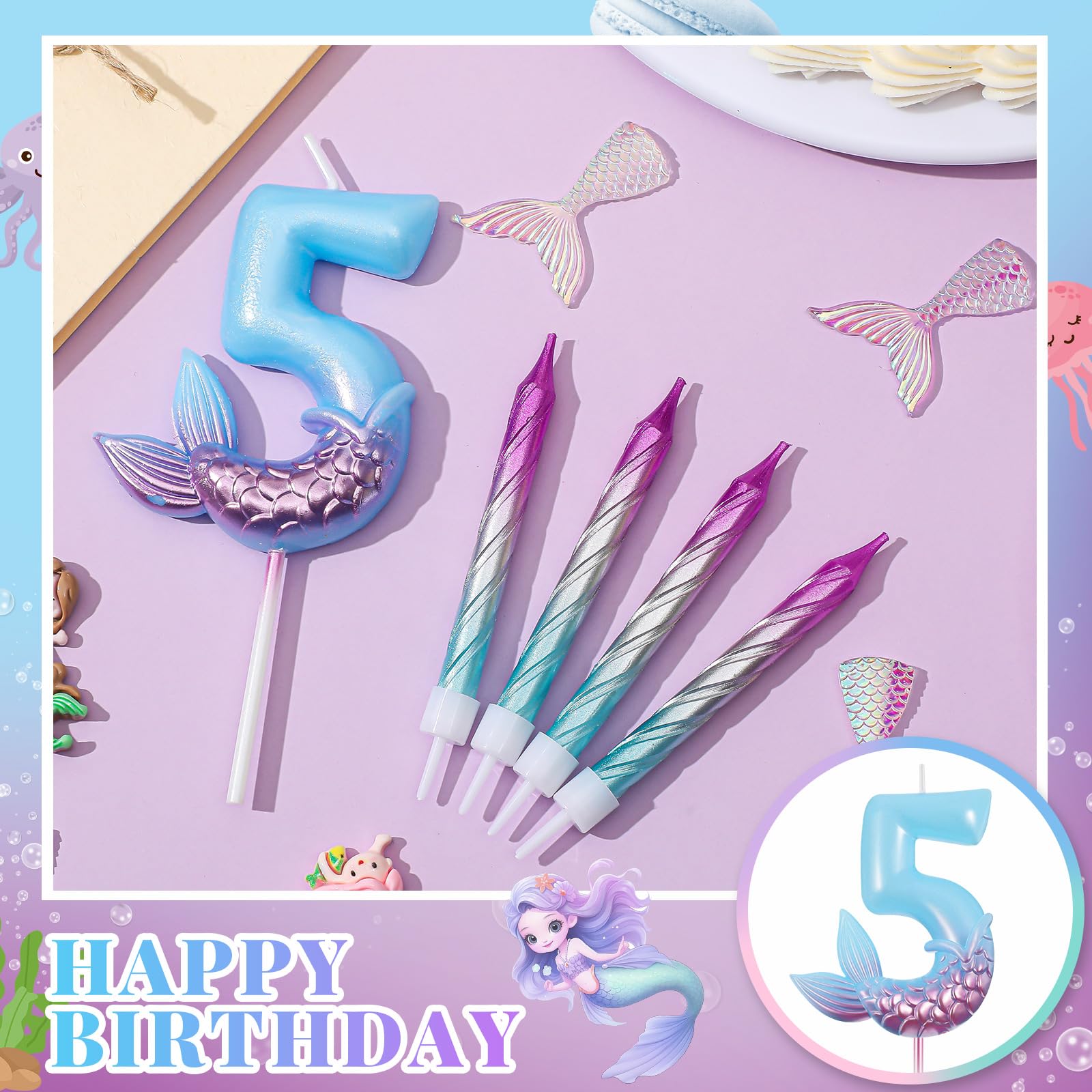 MTLEE 13 Pcs Birthday Candles Set 1 Mermaid Birthday Candle with 12 Pcs Rainbow Spiral Candles Mermaid Cake Toppers Mermaid Birthday Decorations Mermaid Theme Birthday Cake Candles (Number 5)