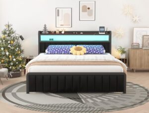 lovinson queen bed frame with storage headboard and led sensor lights, upholstered headboard with charging station, metal platform bed with drawers, noise-free, non-slip, black