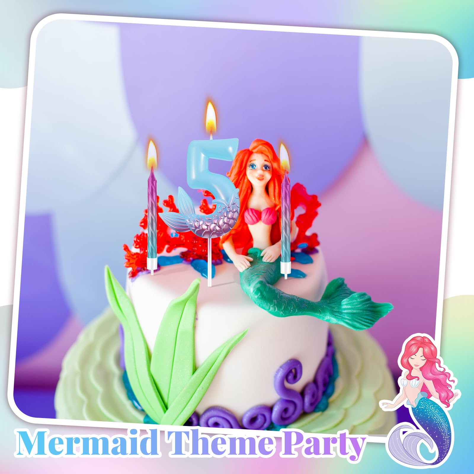 MTLEE 13 Pcs Birthday Candles Set 1 Mermaid Birthday Candle with 12 Pcs Rainbow Spiral Candles Mermaid Cake Toppers Mermaid Birthday Decorations Mermaid Theme Birthday Cake Candles (Number 5)