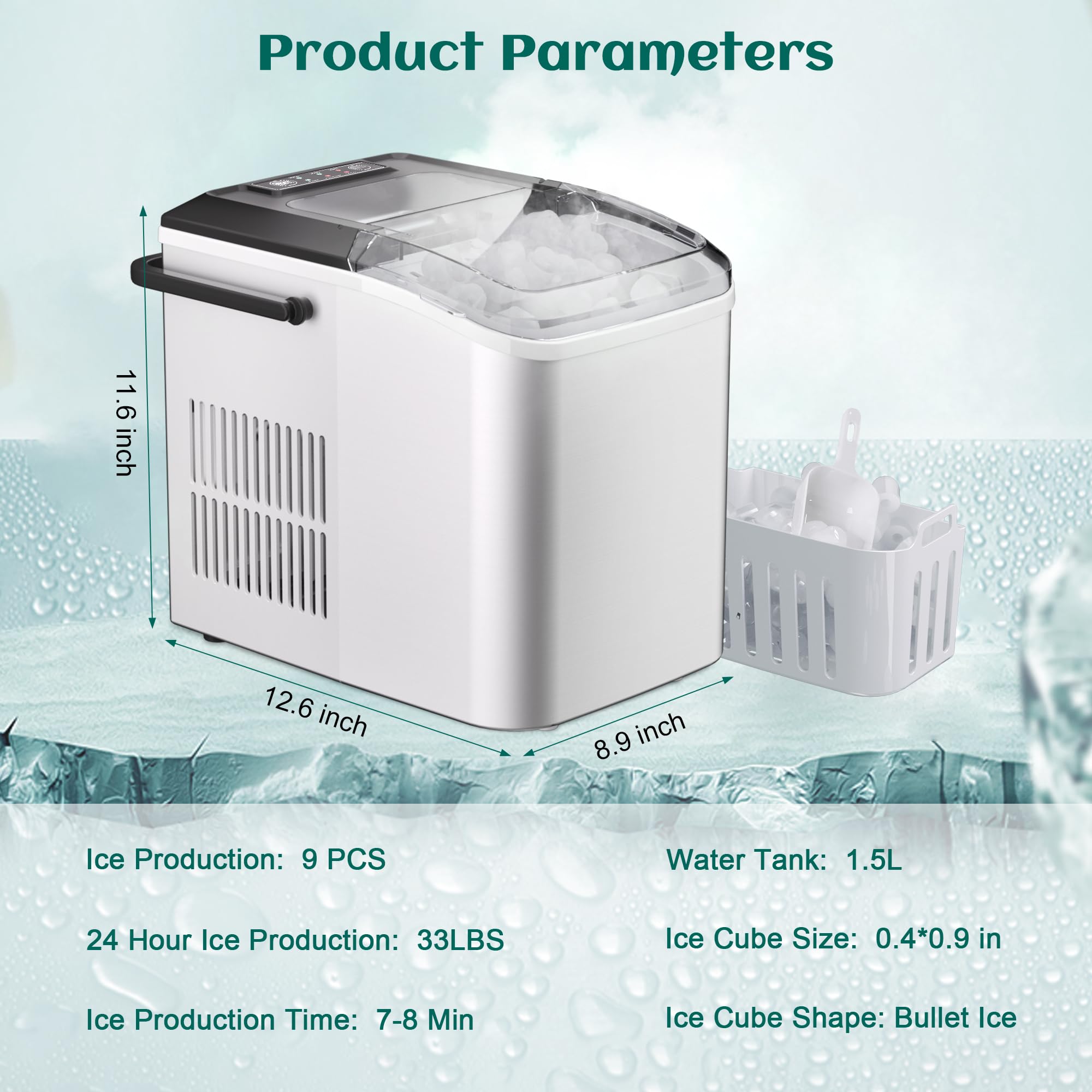 Bullet Ice Maker, 33 lbs/24H Counter Top Ice Maker, Portable Pellet with Self-Cleaning, 9 Cubes in 7-8 Mins, Ice Maker for Home, Office, Kitchen, RV