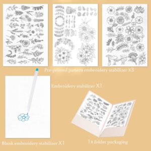 yklbpd 100-Pack Water-Soluble Stabilizer and Adhesive Embroidery Paper, with 3 Sheets of A4 Pre-Printed Patterns and 1 Blank Stabilizer + 1 Water-Soluble Marking Pen. Suitable for Hand Sewing.